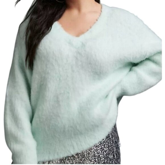 Anthropologie Maeve Plush V-neck Sweater Mint Green Fluffy Cozy Oversized Size S - Picture 5 of 10